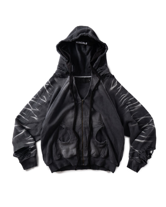 DISTRESSED BLACK HOODIE ZIP